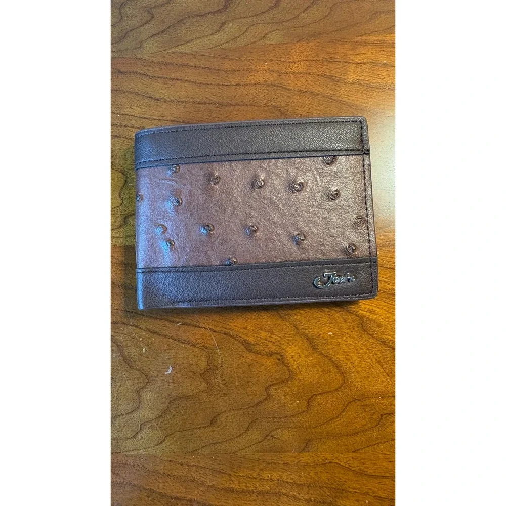 Jeetz Collection Mens Bifold Wallet Dark Brown Ostrich Print Texture W-93 NIB